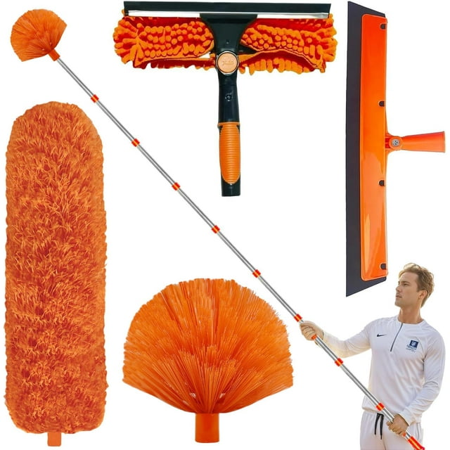 20+ Foot Reach High Ceiling Duster Kit & Window Cleaning Kit | 3-14 ft Telescopic Pole with Window Washer, Squeegee, Cobweb, Fan, and Feather Dusters