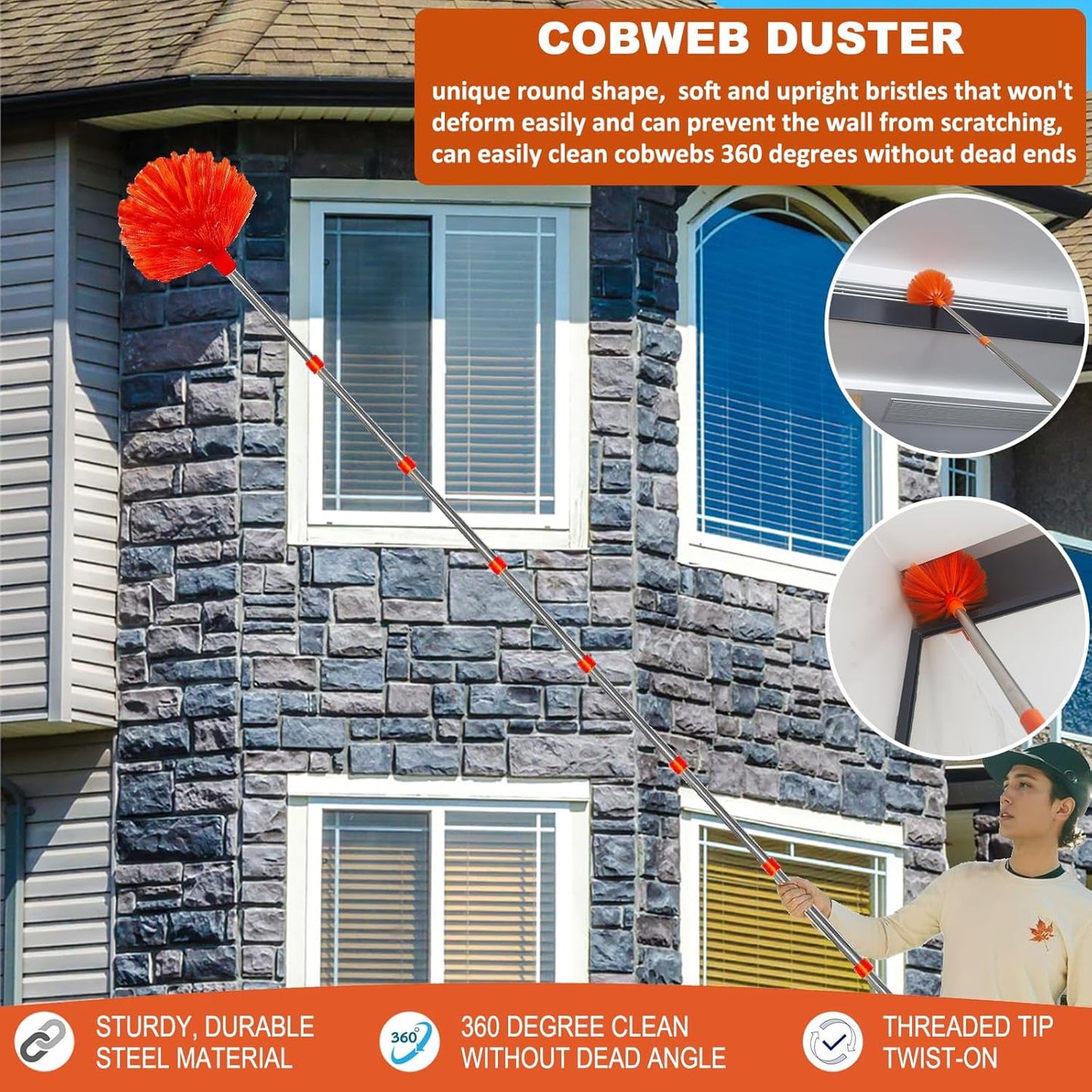 20+ Foot Reach High Ceiling Duster Kit & Window Cleaning Kit | 3-14 ft Telescopic Pole with Window Washer, Squeegee, Cobweb, Fan, and Feather Dusters