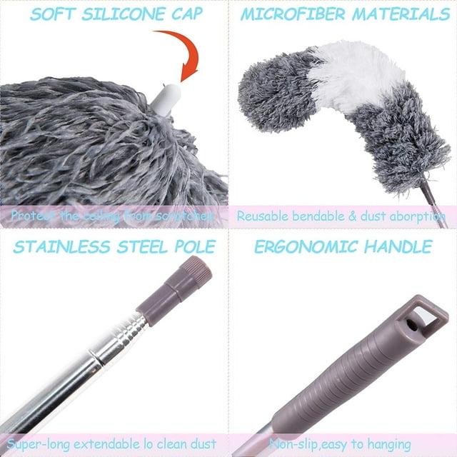 Microfiber Duster, 3PCS with Detachable Extension Pole(Stainless Steel) 30-100" Duster Cleaning Kit