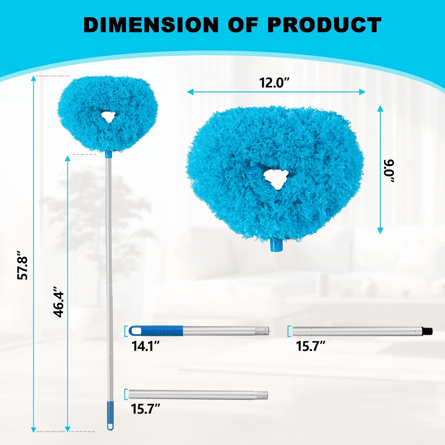 Ceiling Fan Cleaner Duster Reusable Microfiber Ceiling Fan Blade Cleaner Removable Duster with Extension Pole Adjusts 13 to 49.7 Inch for Cleaning Walls Bookshelves Furniture Door Window Top (Blue)