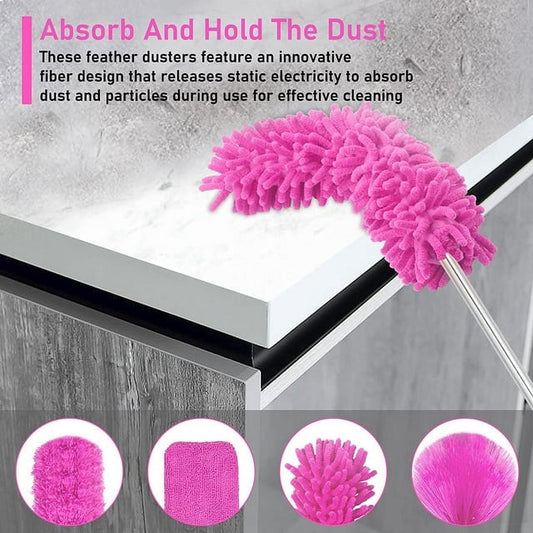 7PCS Microfiber Duster with Detachable Extension Pole(Stainless Steel) 30-100" Duster Cleaning Kit for Cleaning Fan Cobweb, Fan Webs, Blinds (Pink)