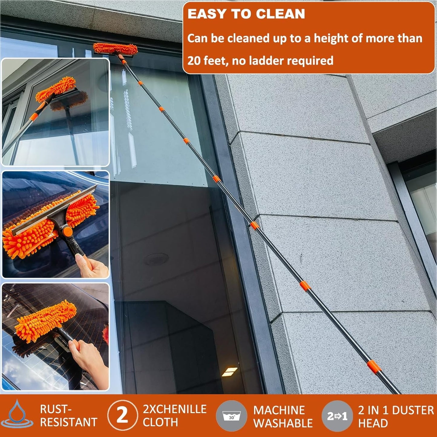 20+ Foot Reach High Ceiling Duster Kit & Window Cleaning Kit | 3-14 ft Telescopic Pole with Window Washer, Squeegee, Cobweb, Fan, and Feather Dusters