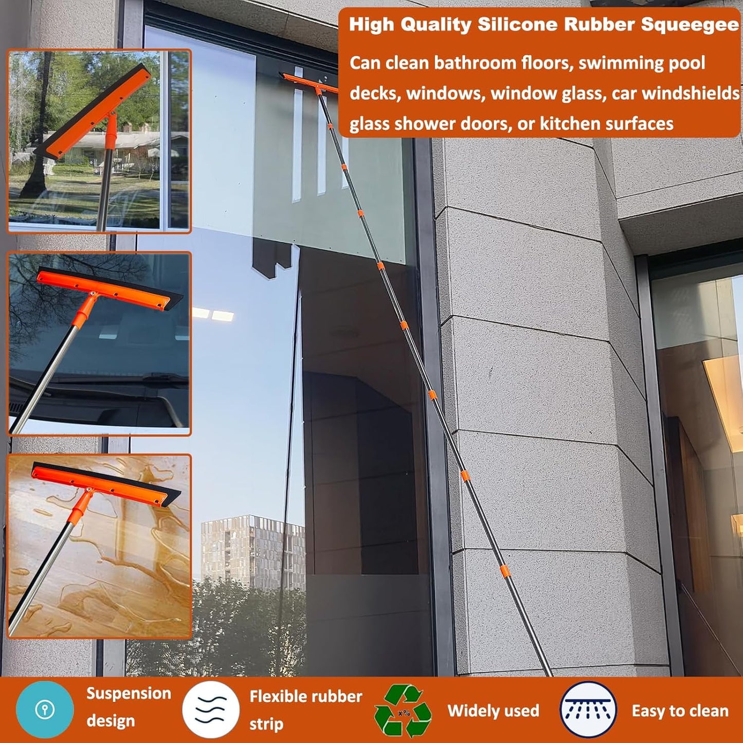 20+ Foot Reach High Ceiling Duster Kit & Window Cleaning Kit | 3-14 ft Telescopic Pole with Window Washer, Squeegee, Cobweb, Fan, and Feather Dusters