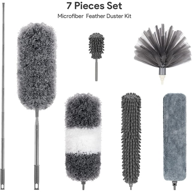 Microfiber Duster, 7PCS with Detachable Extension Pole(Stainless Steel) 30-100" Duster Cleaning Kit