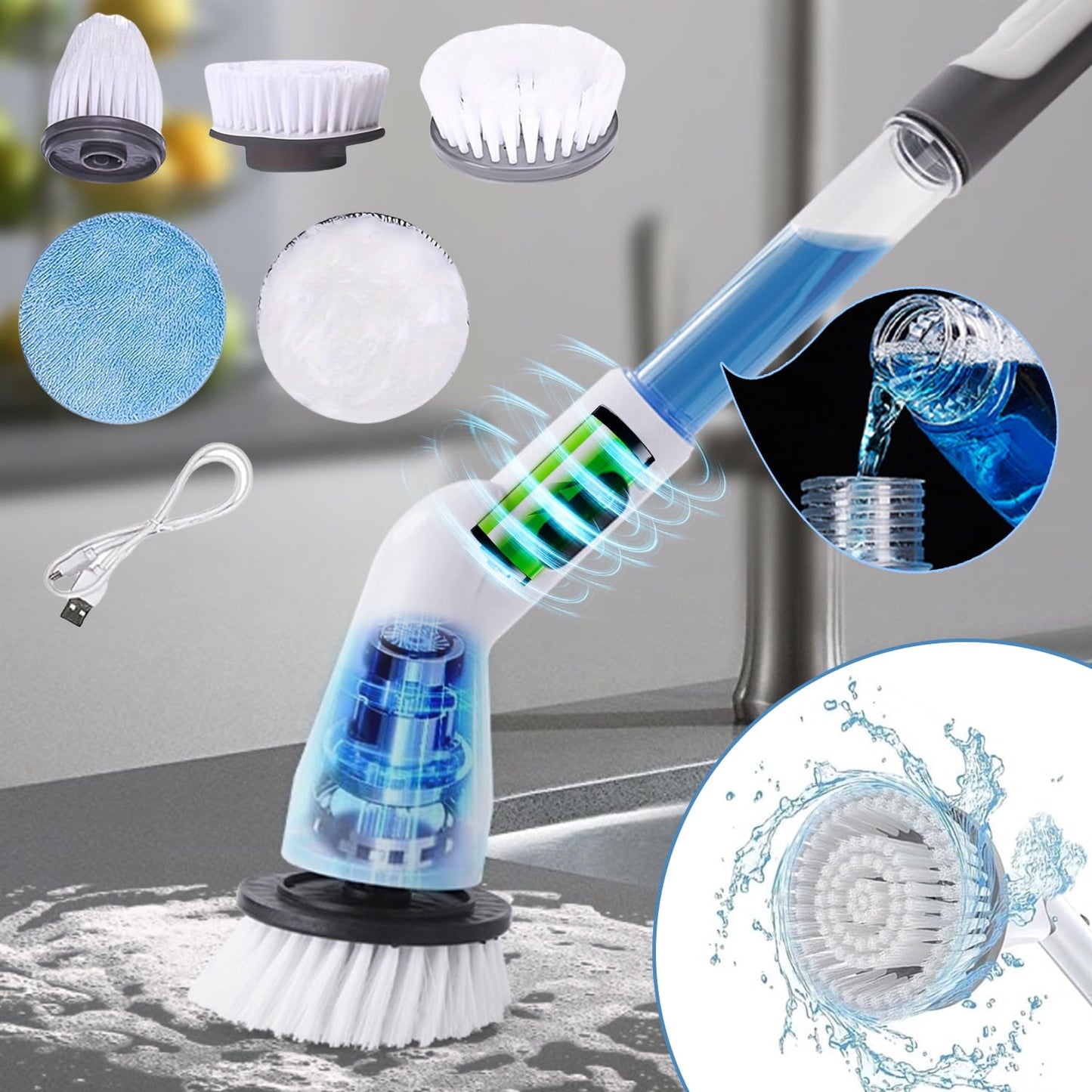 ClnEZ Electric Spin Scrubber with 6 Replaceable Brush Heads - Cordless Bathroom and Kitchen Cleaner