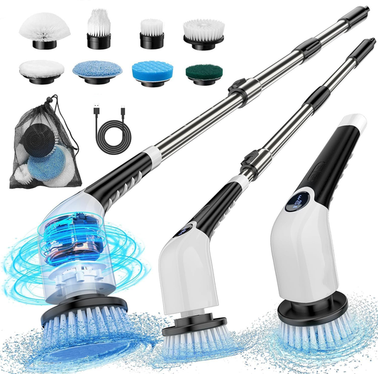 Electric Spin Scrubber,Cordless Cleaning Brush,Shower Cleaning Brush with 8 Replaceable Brush Heads, Power Scrubber 3 Adjustable Speeds,Adjustable & Detachable Long Handle,Voice Broadcast