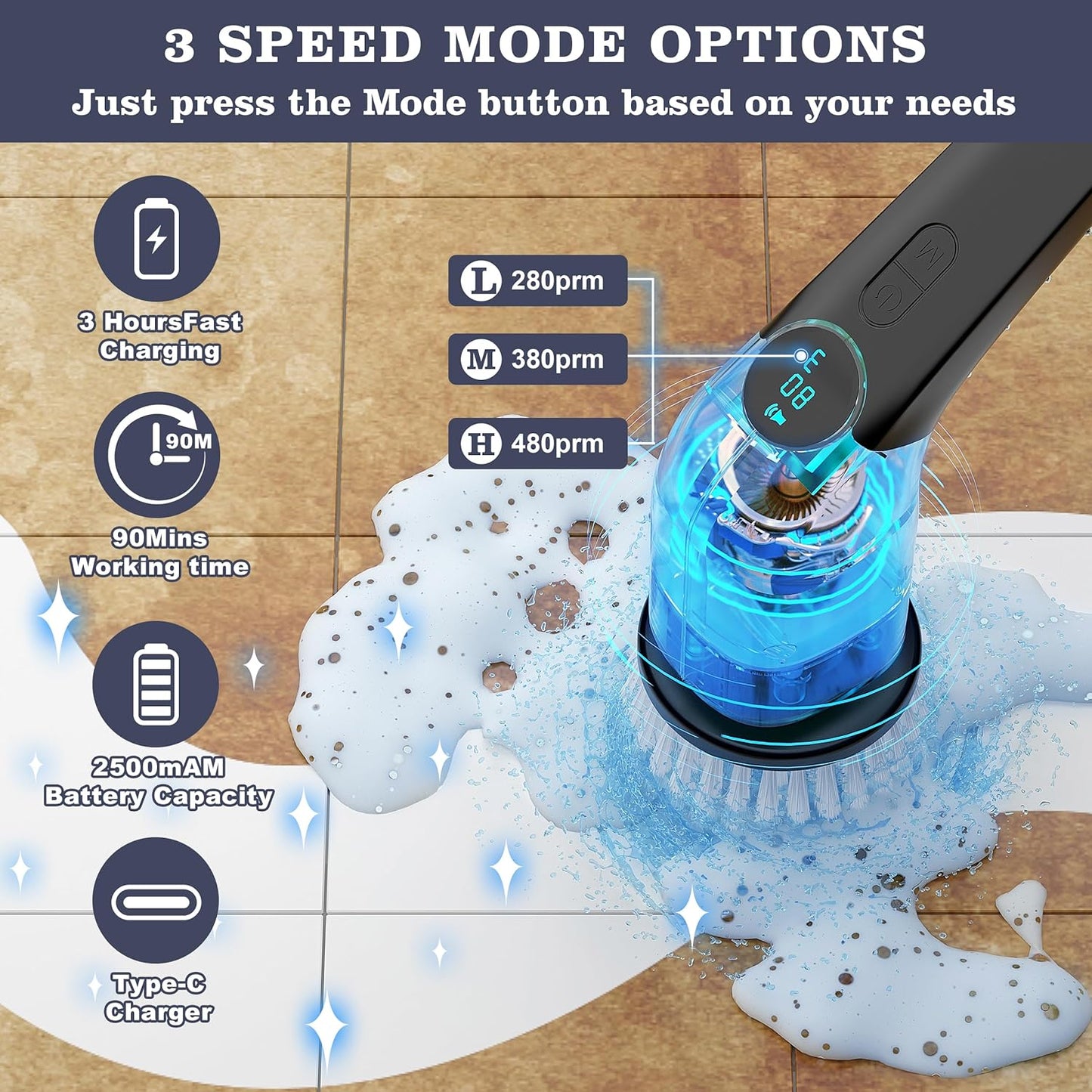 Electric Spin Scrubber,Cordless Cleaning Brush,Shower Cleaning Brush with 8 Replaceable Brush Heads, Power Scrubber 3 Adjustable Speeds,Adjustable & Detachable Long Handle,Voice Broadcast