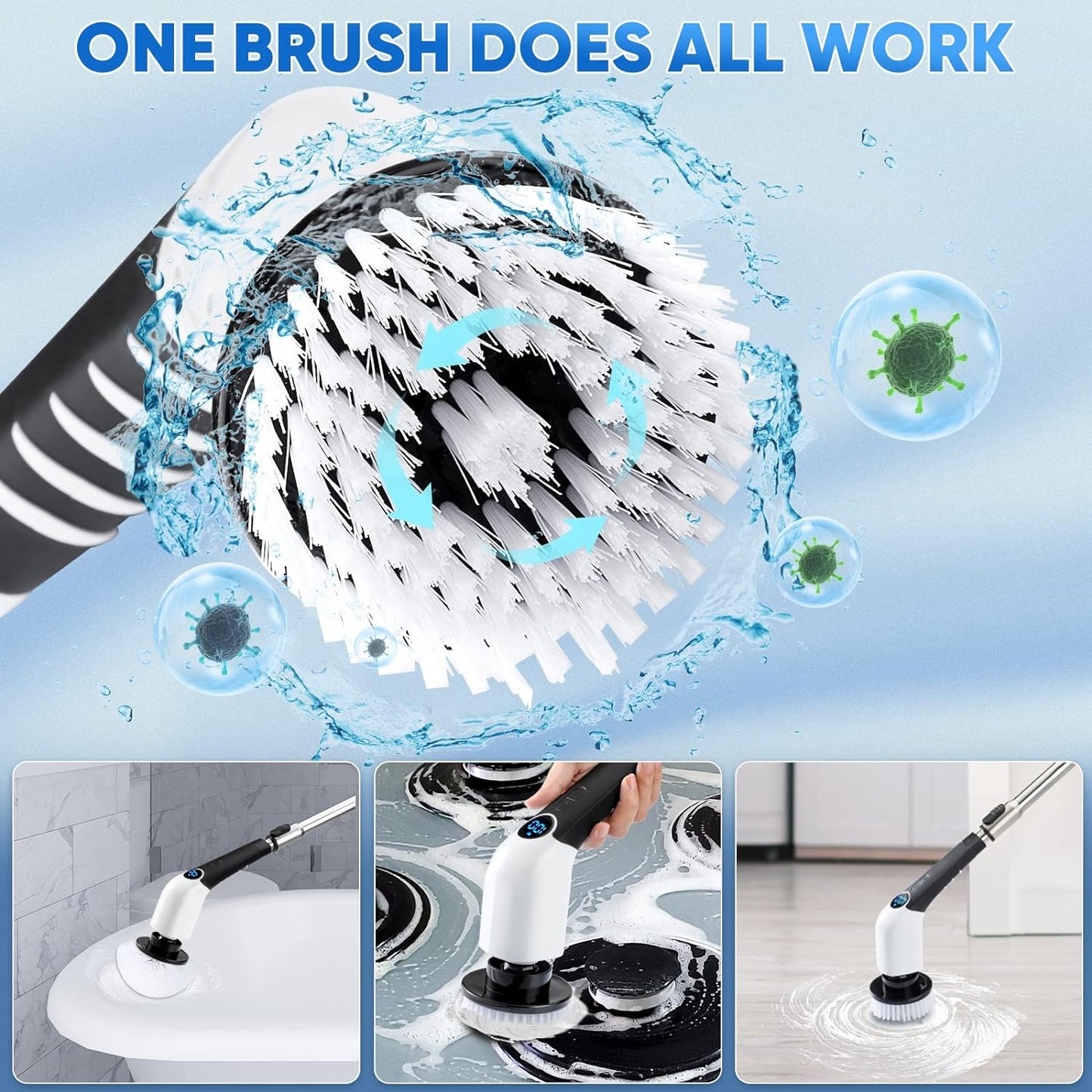 Electric Spin Scrubber,Cordless Cleaning Brush,Shower Cleaning Brush with 8 Replaceable Brush Heads, Power Scrubber 3 Adjustable Speeds,Adjustable & Detachable Long Handle,Voice Broadcast