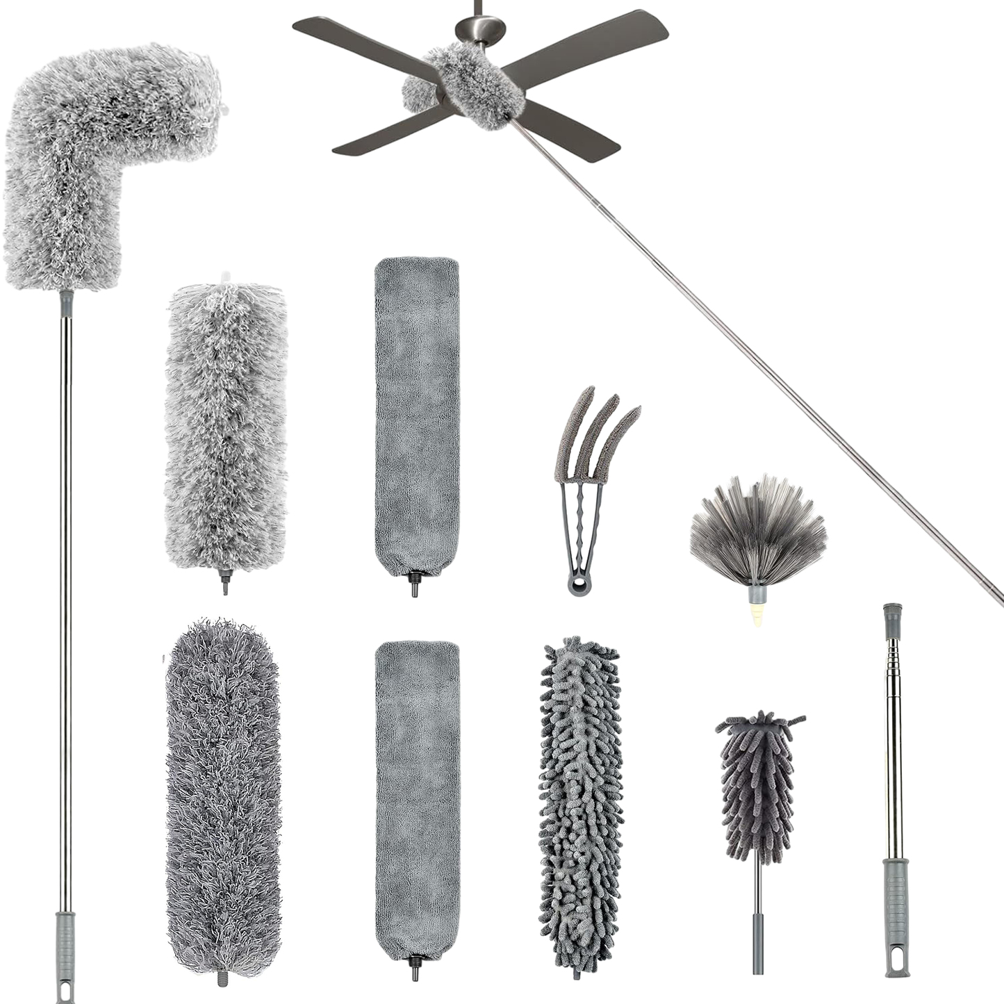 Cleanse Home 9PCS Microfiber Duster with Detachable Extension Pole(Stainless Steel) 30-100" Duster Cleaning Kit