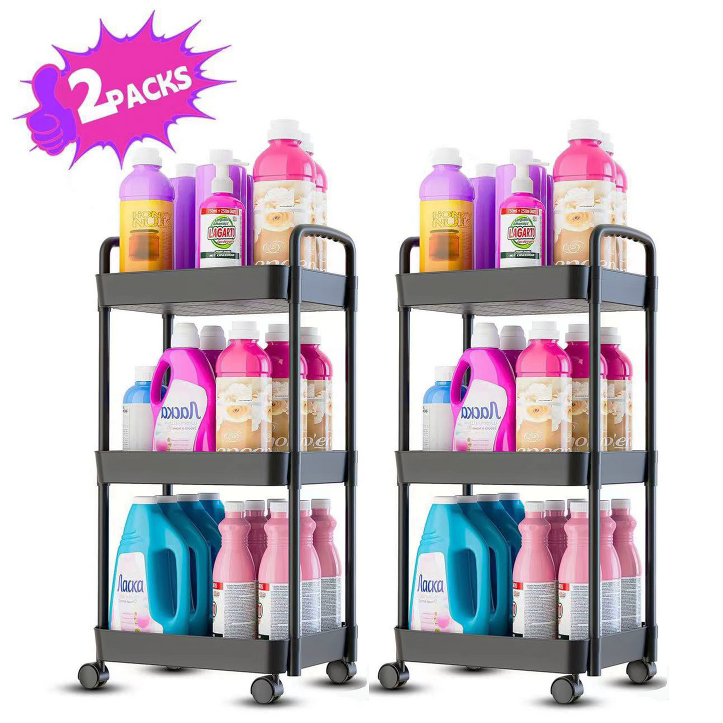 ClozOrg 2 Pcs 3-Tier Rolling Utility Cart, Multifunctional Mobile Storage Shelves with Drawer and Lockable Wheels for Room,Office,Kitchen,Bathroom, Black