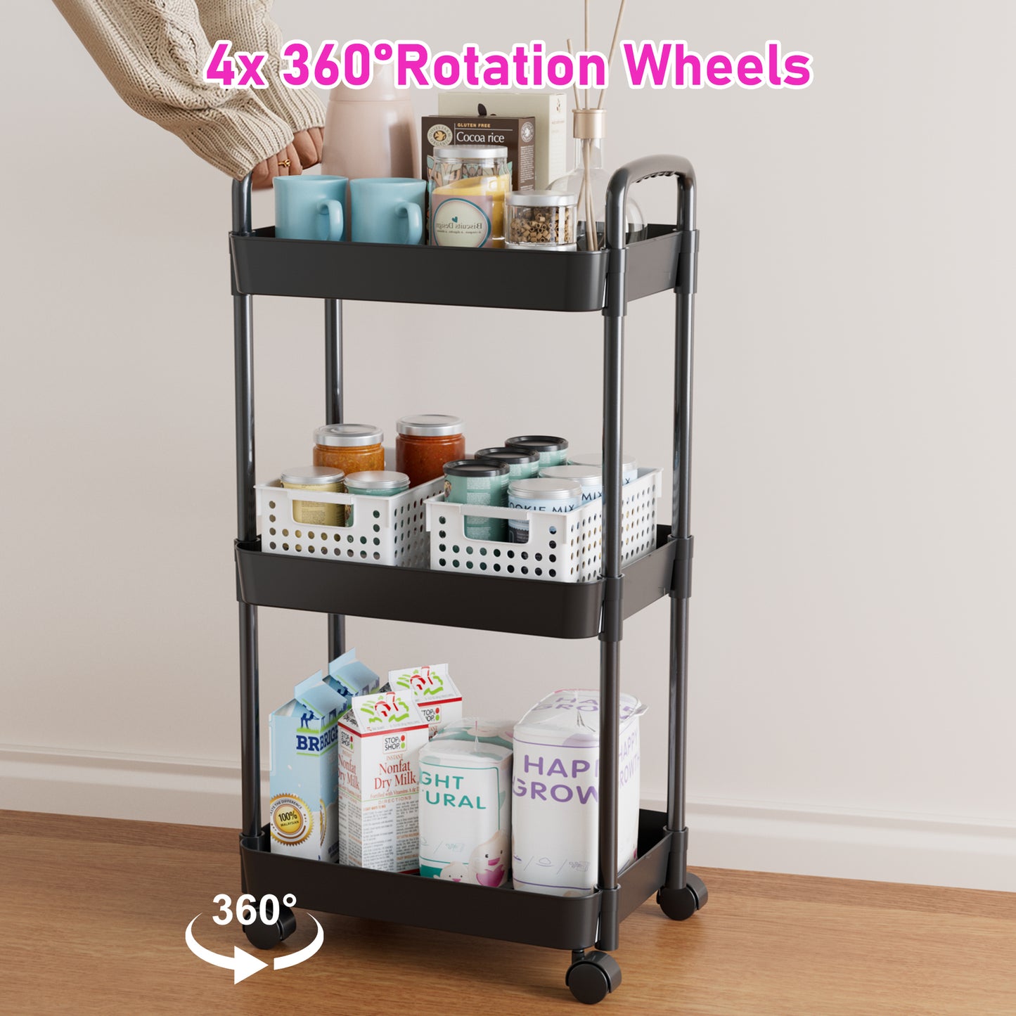 ClozOrg 2 Pcs 3-Tier Rolling Utility Cart, Multifunctional Mobile Storage Shelves with Drawer and Lockable Wheels for Room,Office,Kitchen,Bathroom, Black