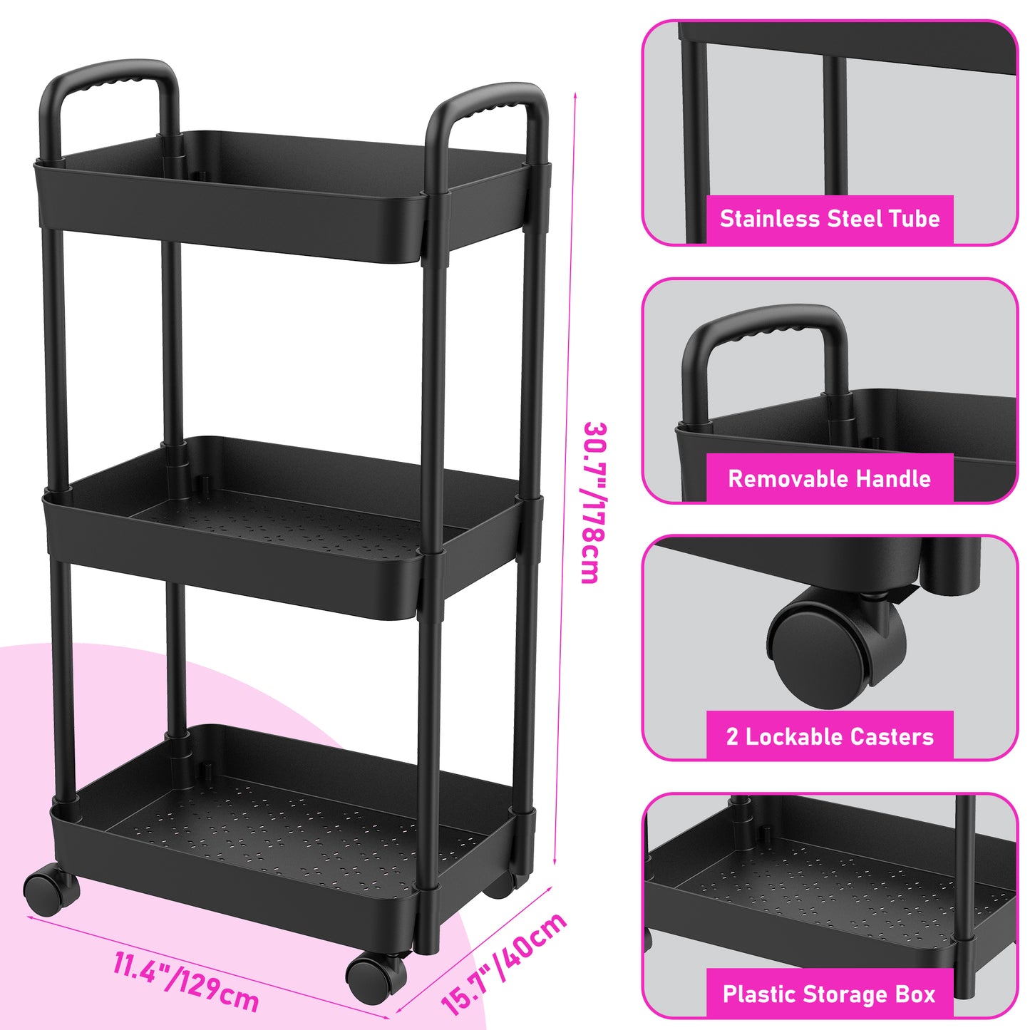 ClozOrg 2 Pcs 3-Tier Rolling Utility Cart, Multifunctional Mobile Storage Shelves with Drawer and Lockable Wheels for Room,Office,Kitchen,Bathroom, Black