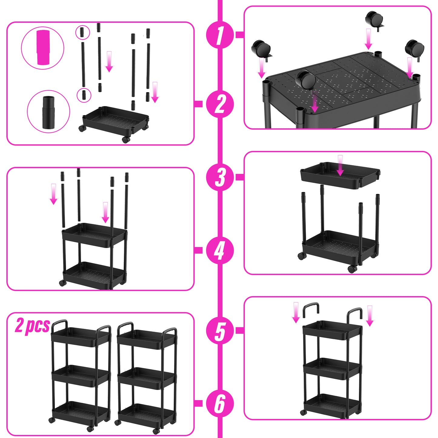 ClozOrg 2 Pcs 3-Tier Rolling Utility Cart, Multifunctional Mobile Storage Shelves with Drawer and Lockable Wheels for Room,Office,Kitchen,Bathroom, Black