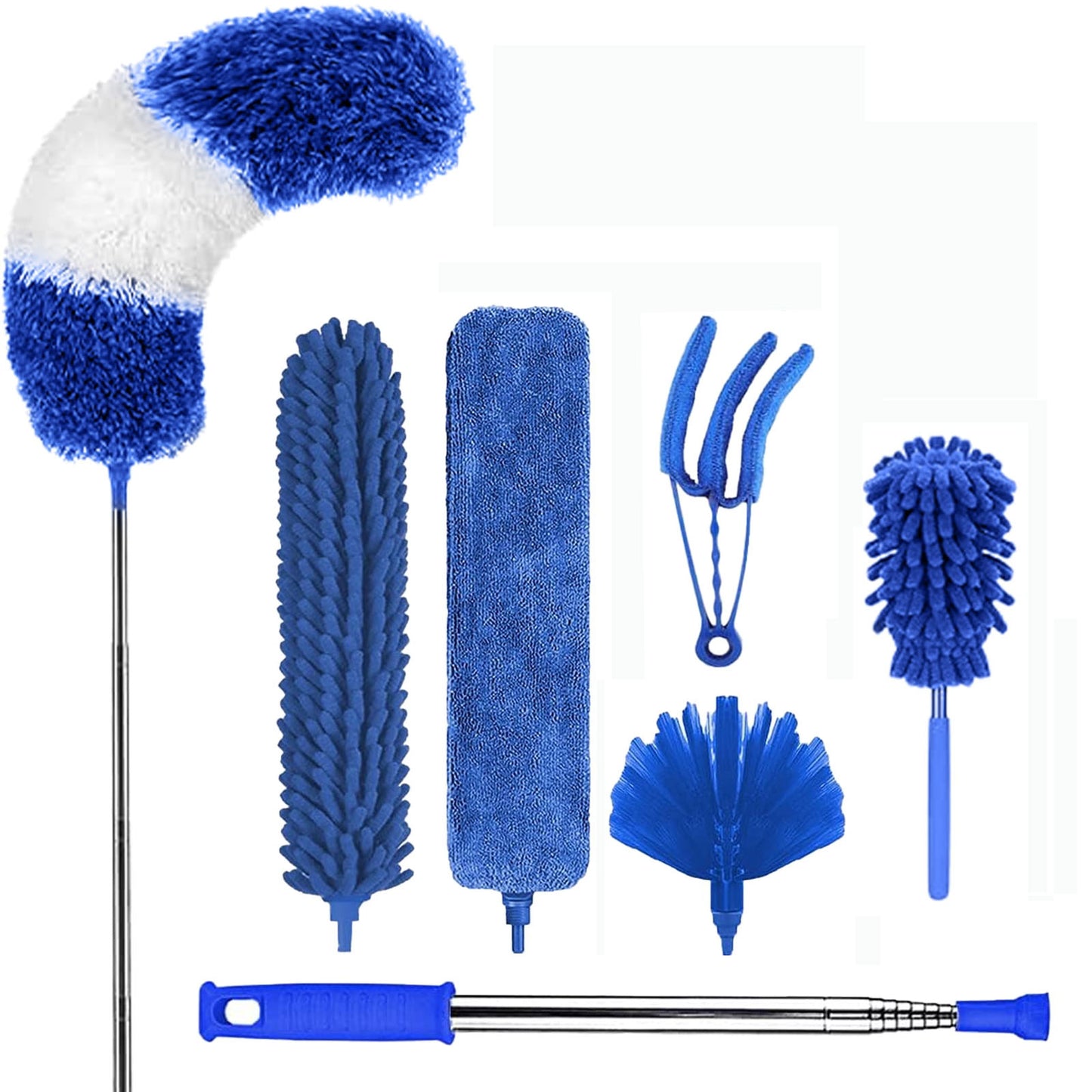 7PCS Microfiber Duster with Detachable Extension Pole(Stainless Steel) 30-100" Duster Cleaning Kit for Cleaning Fan Cobweb, Fan Webs, Blinds (Blue)