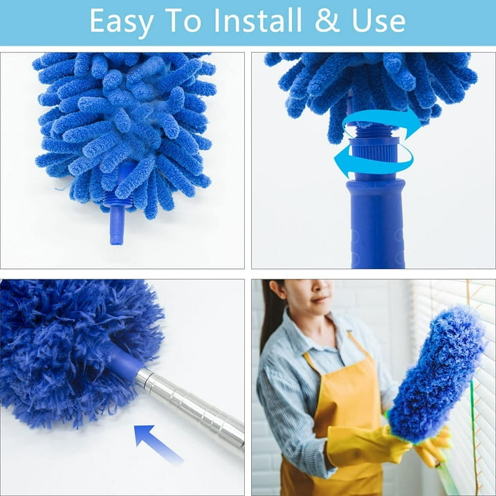 7PCS Microfiber Duster with Detachable Extension Pole(Stainless Steel) 30-100" Duster Cleaning Kit for Cleaning Fan Cobweb, Fan Webs, Blinds (Blue)