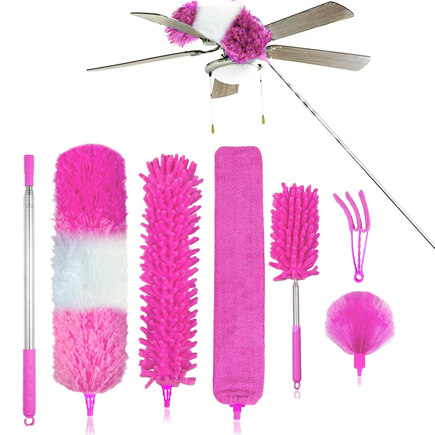 7PCS Microfiber Duster with Detachable Extension Pole(Stainless Steel) 30-100" Duster Cleaning Kit for Cleaning Fan Cobweb, Fan Webs, Blinds (Pink)