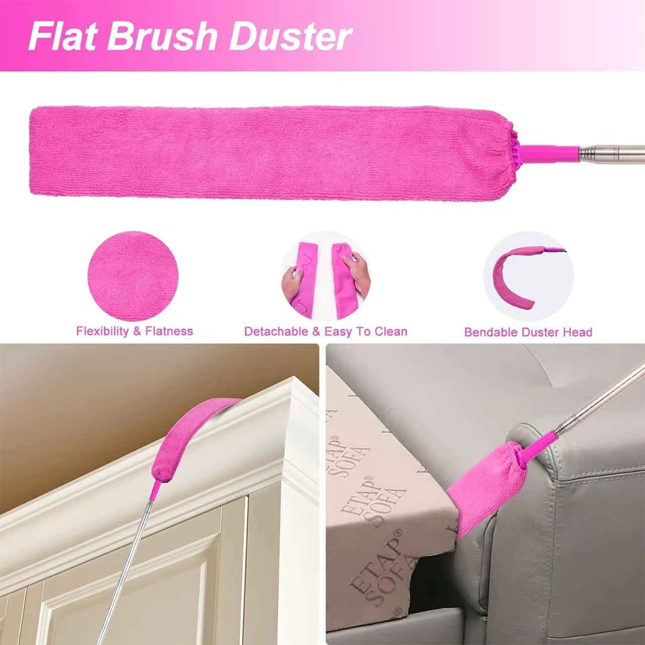 7PCS Microfiber Duster with Detachable Extension Pole(Stainless Steel) 30-100" Duster Cleaning Kit for Cleaning Fan Cobweb, Fan Webs, Blinds (Pink)