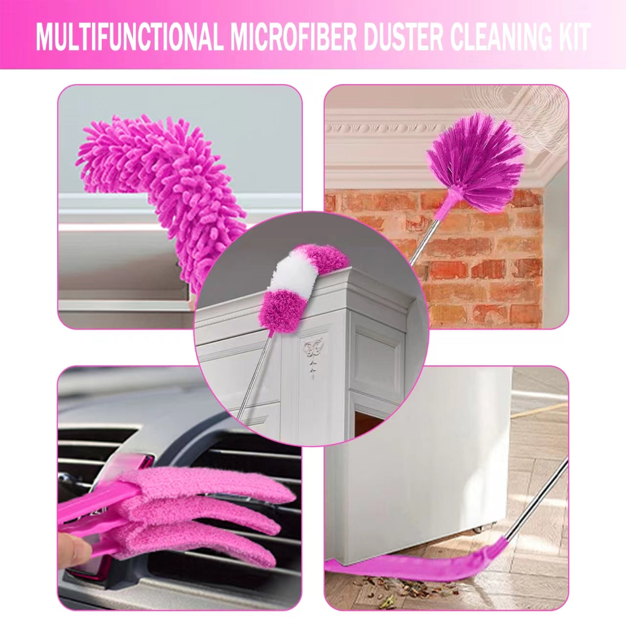 7PCS Microfiber Duster with Detachable Extension Pole(Stainless Steel) 30-100" Duster Cleaning Kit for Cleaning Fan Cobweb, Fan Webs, Blinds (Pink)