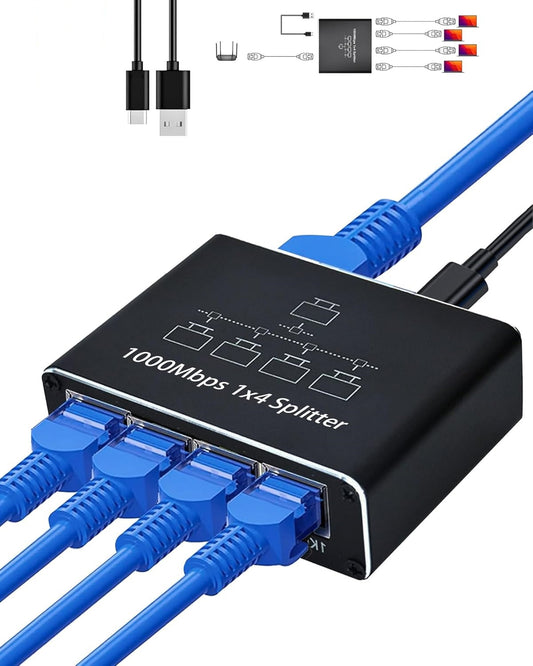 Gigabit Ethernet Splitter 1 to 4, 1000Mbps High-Speed Network Distributor with USB Power, Supports 4 Devices Simultaneously, Compatible with Cat6/7/8 Cables