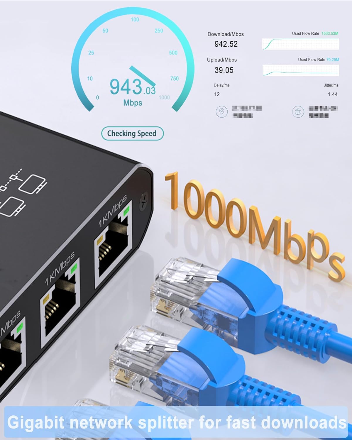 Gigabit Ethernet Splitter 1 to 4, 1000Mbps High-Speed Network Distributor with USB Power, Supports 4 Devices Simultaneously, Compatible with Cat6/7/8 Cables