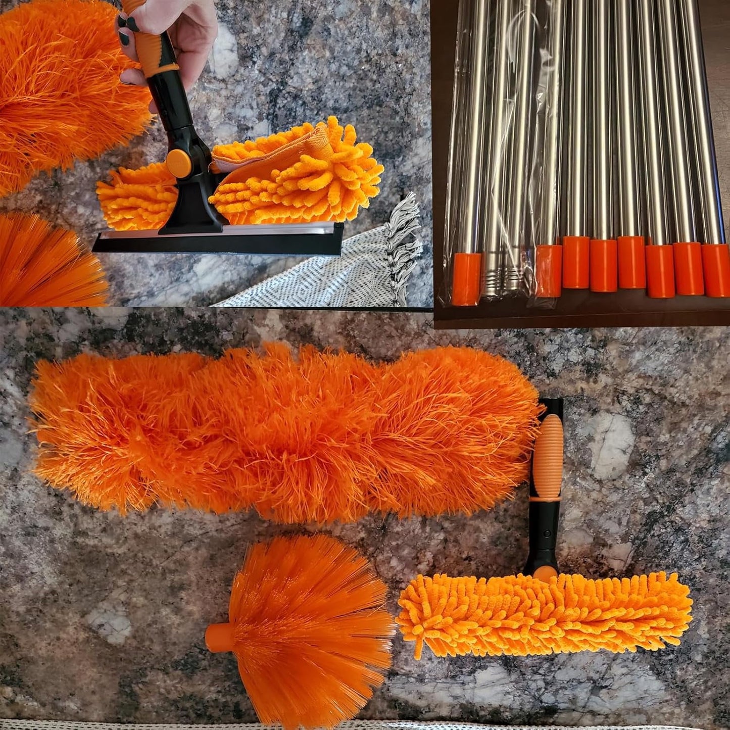 20+ Foot Reach High Ceiling Duster Kit & Window Cleaning Kit | 3-14 ft Telescopic Pole with Window Washer, Squeegee, Cobweb, Fan, and Feather Dusters