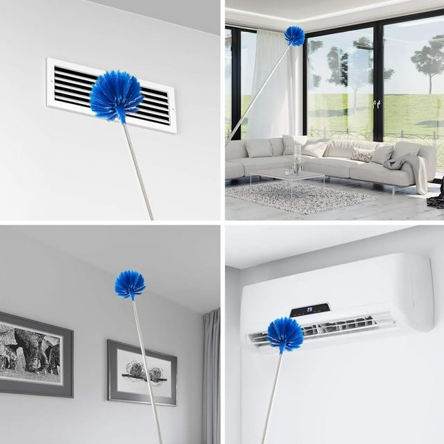 Ceiling Fan Duster with Extension Pole, Cobweb & Corner Brush Cleaning Kit ,15-100 Inch Long Handle Aluminum Telescoping Pole, Washable（Blue）