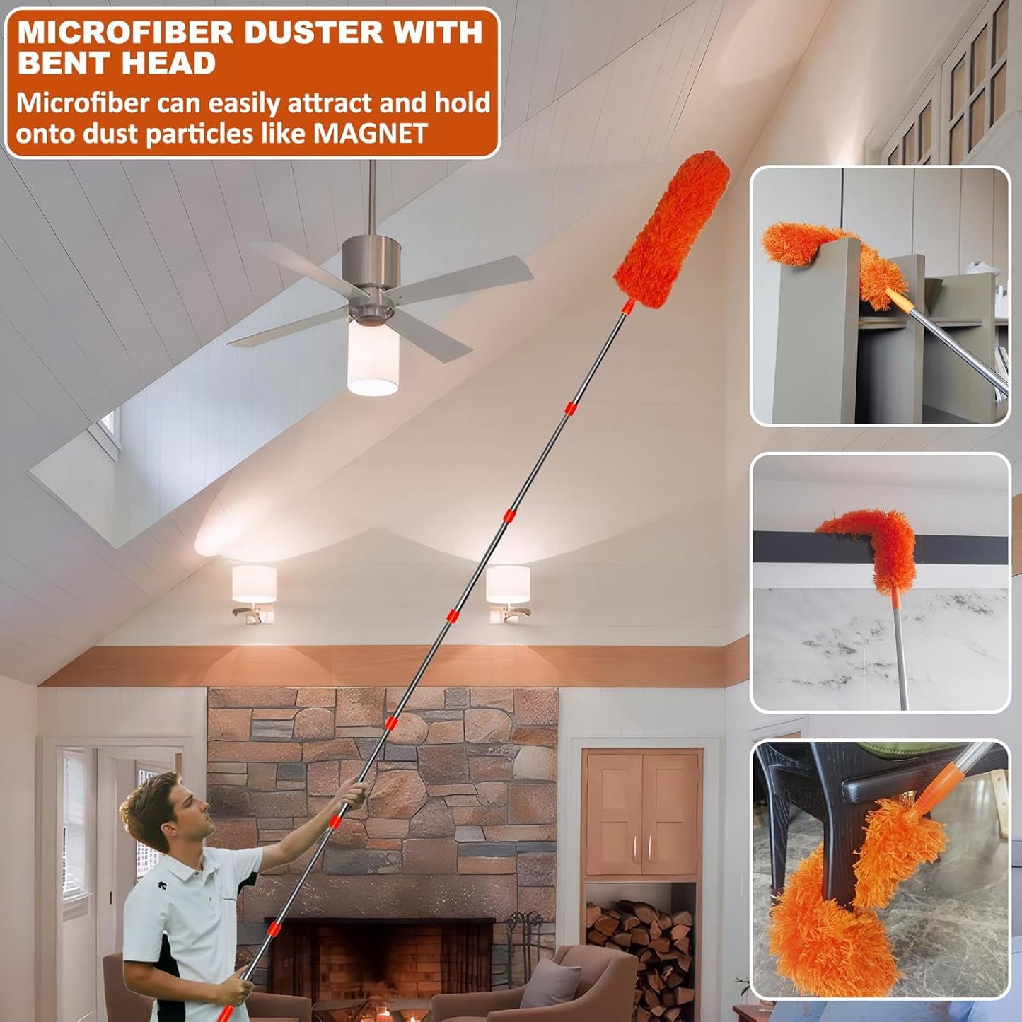 20+ Foot Reach High Ceiling Duster Kit & Window Cleaning Kit | 3-14 ft Telescopic Pole with Window Washer, Squeegee, Cobweb, Fan, and Feather Dusters
